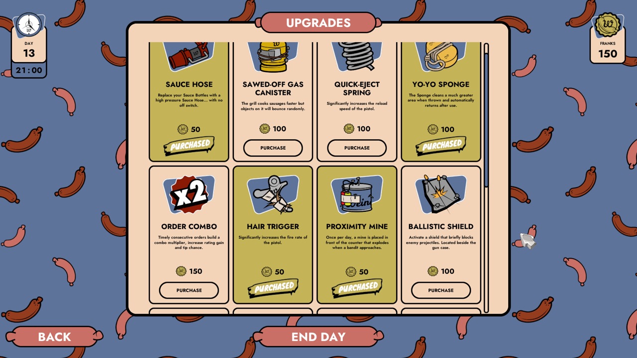 Doomsday Diner upgrades shop: cards such as Sauce Hose, Yo-Yo Sponge, Proximity Mine and Ballistic Shield with prices in Franks, some stamped PURCHASED