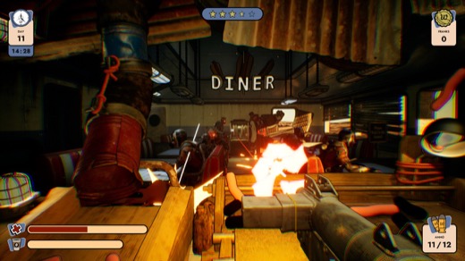 Firing a pistol across the counter at raiding bandits